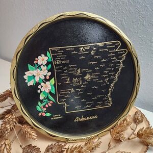 Vintage‎ Decorative Metal Tray Apple Blossoms Arkansas Map Souvenir Collectible